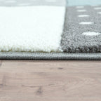 Kids Rug Dots Hearts Stars Checked White Blue Pastel, back view - House Of Avana