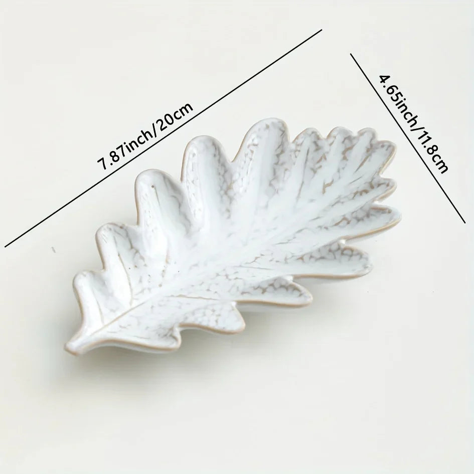 Ceramic Leaf-shaped Multi-functional Jewelry Tray & Display Plate - Elegant Marble-like Glossy White &... - House Of Avana