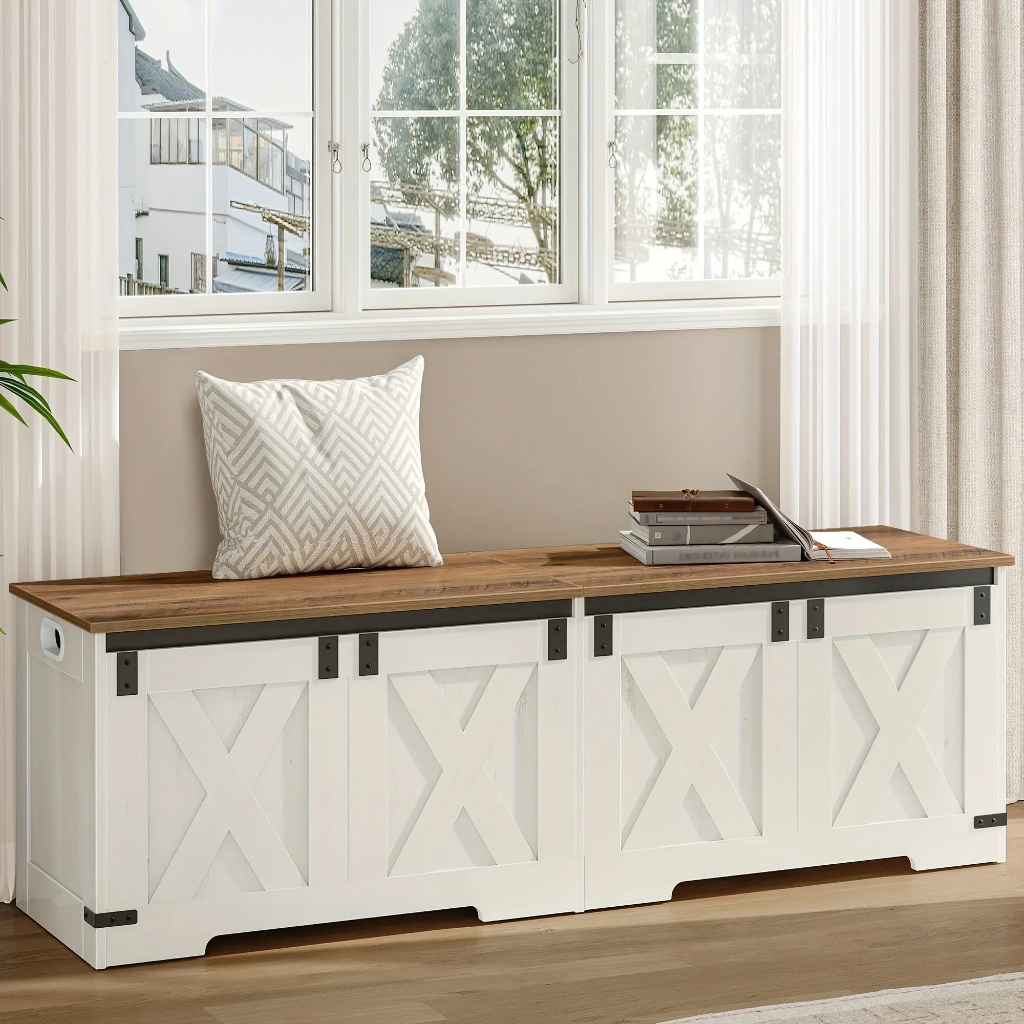 59" Storage Chest, Extra Large Storage Trunk with Safety Hinges, Farmhouse Wooden Box Bench, Lift-top... - House Of Avana