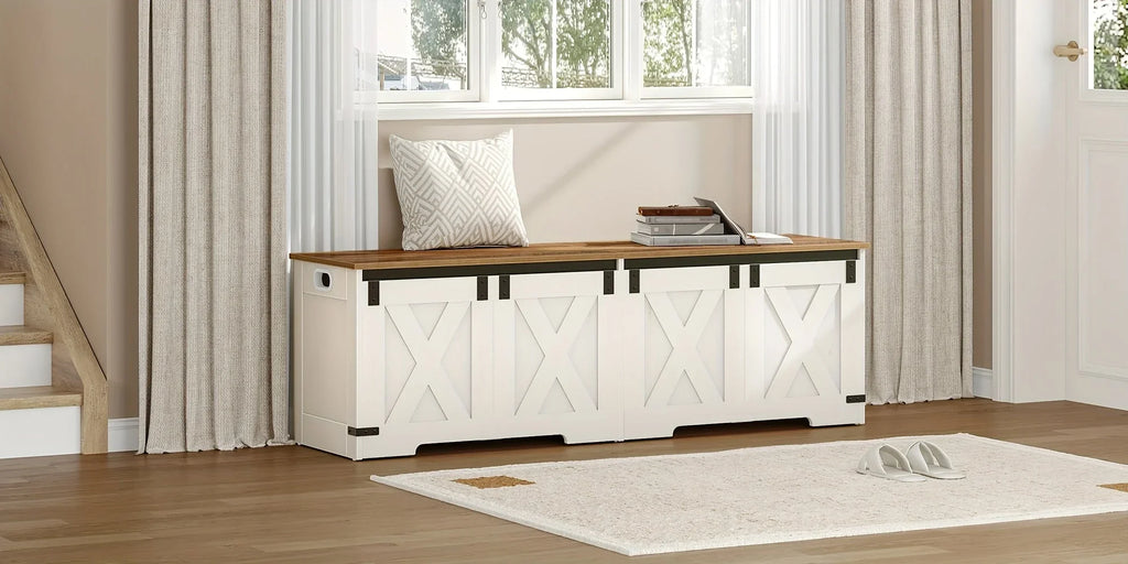 59" Storage Chest, Extra Large Storage Trunk with Safety Hinges, Farmhouse Wooden Box Bench, Lift-top... - House Of Avana