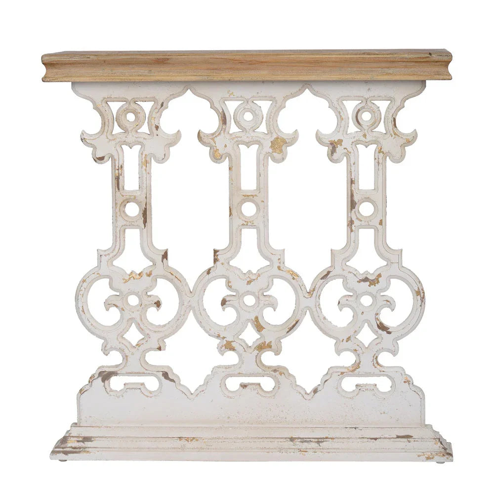 32"x12"x32" Classic Vintage White Wash Console Table with Brown Wood Top & Ornate Scrollwork Base - Fir... - House Of Avana