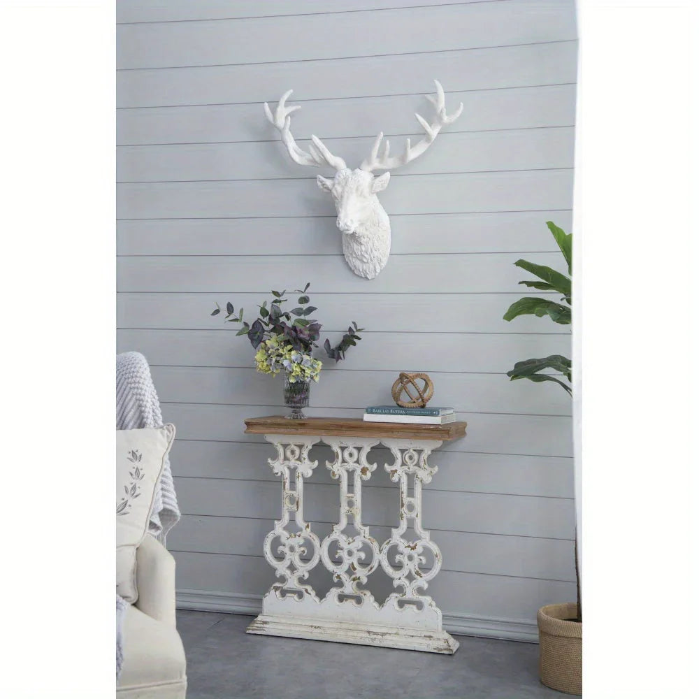 32"x12"x32" Classic Vintage White Wash Console Table with Brown Wood Top & Ornate Scrollwork Base - Fir... - House Of Avana