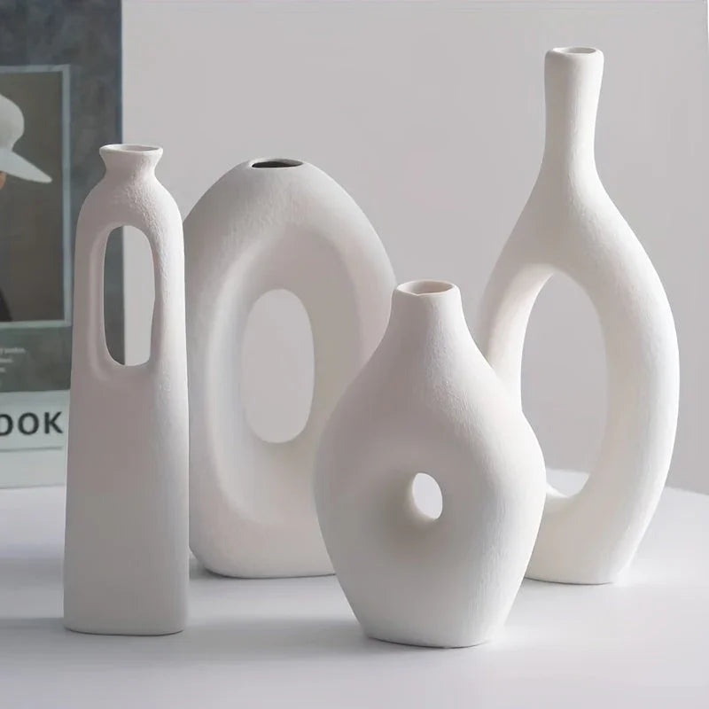 White ceramic vases, set of four, decorative pieces - House of Avana