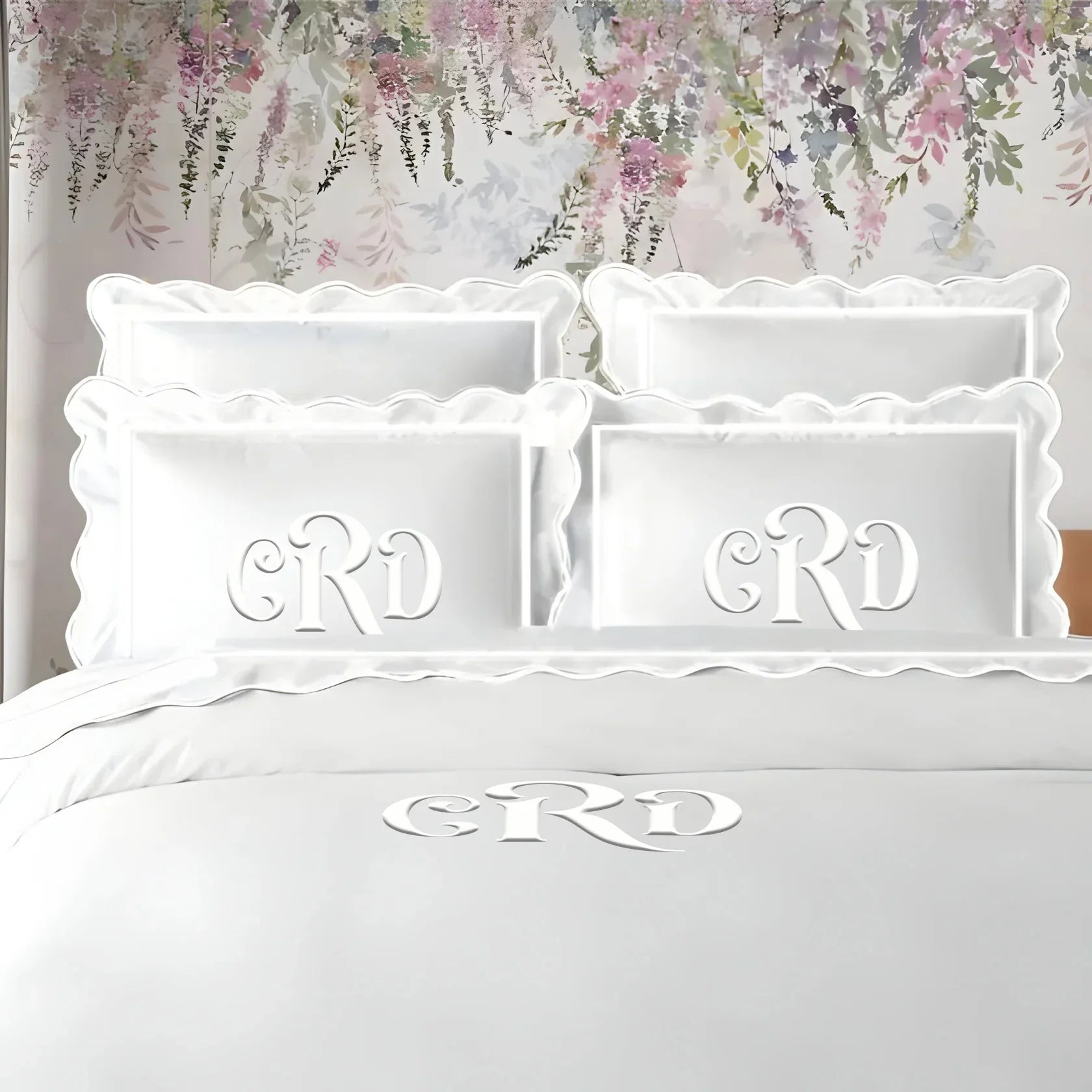 Monogram 400TC Cotton Scallop Embroidery & Border Sateen Solid Duvet Cover Set PushpLinen