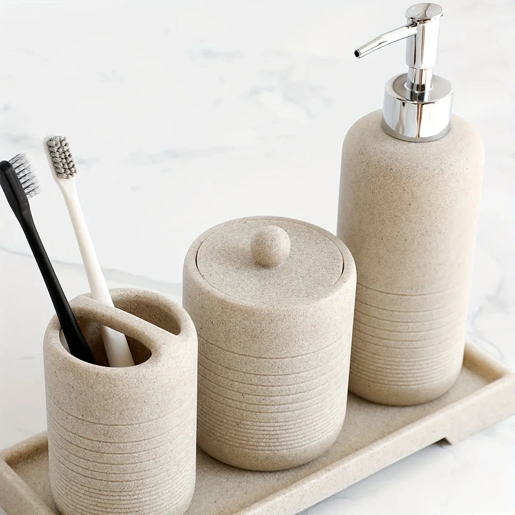 White Crystal Sandstone Beige Gray Sandstone Featured Bathroom Four-Piece Set Lotion Bottle Toothbrush Holder Swab Box Tray House Of Avana