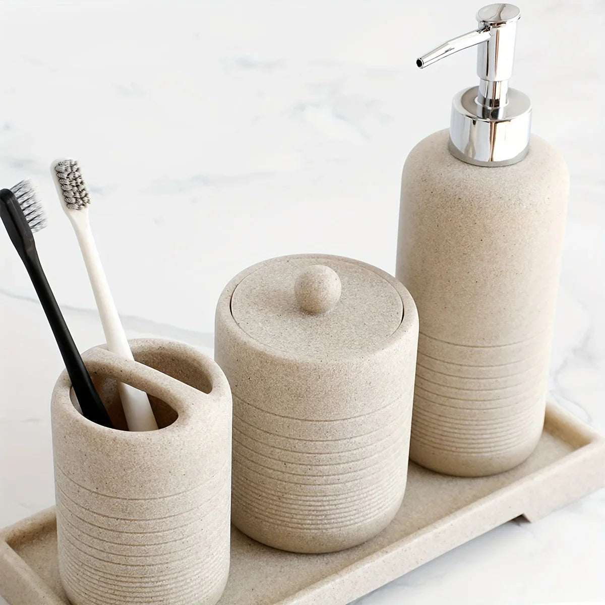 White Crystal Sandstone Beige Gray Sandstone Featured Bathroom Four-Piece Set Lotion Bottle Toothbrush Holder Swab Box Tray House Of Avana
