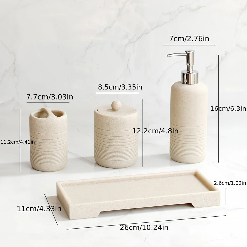 White Crystal Sandstone Beige Gray Sandstone Featured Bathroom Four-Piece Set Lotion Bottle Toothbrush Holder Swab Box Tray House Of Avana