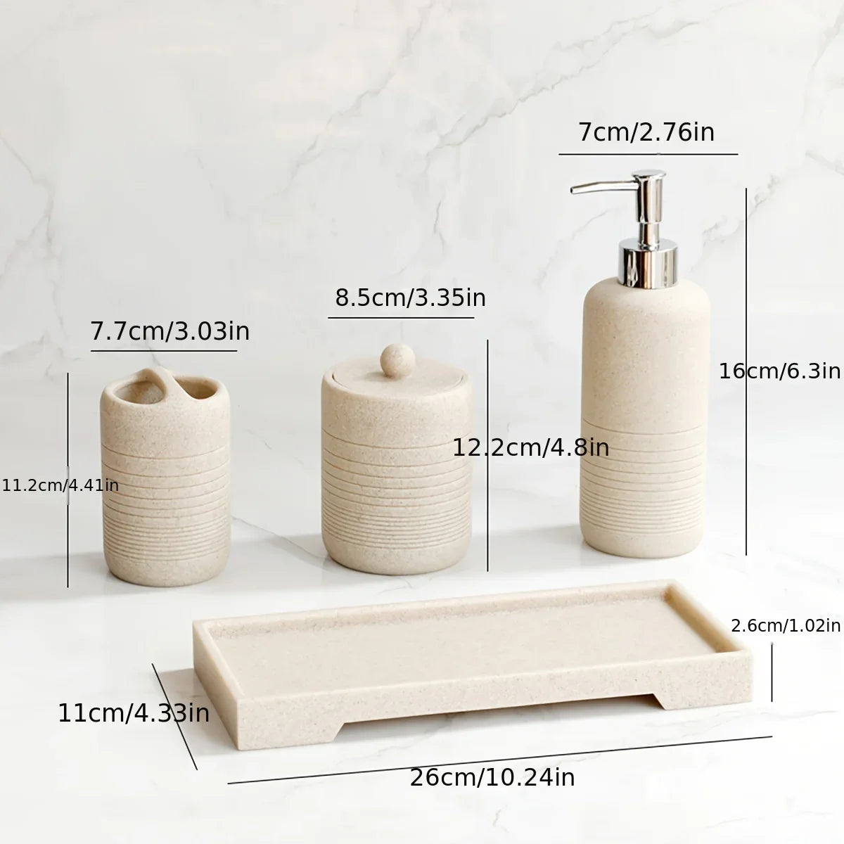 White Crystal Sandstone Beige Gray Sandstone Featured Bathroom Four-Piece Set Lotion Bottle Toothbrush Holder Swab Box Tray House Of Avana