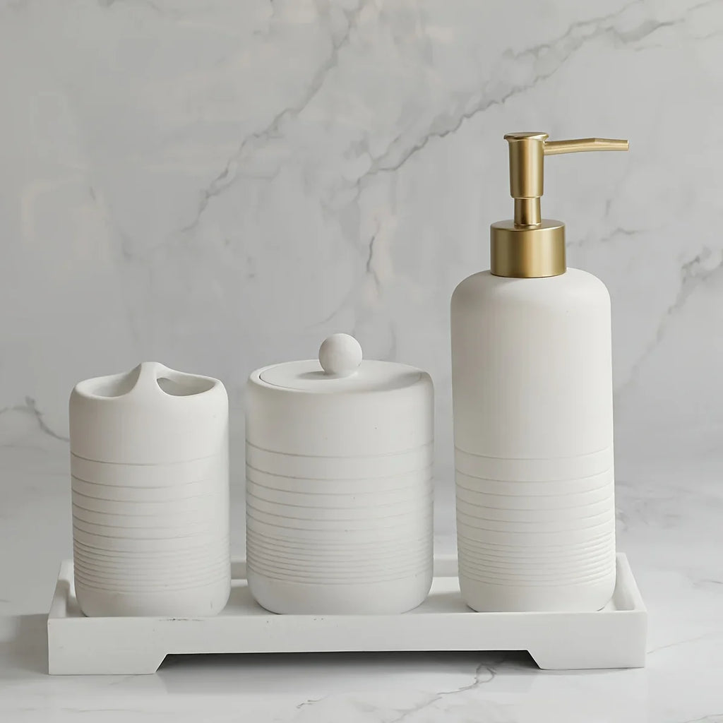 White Crystal Sandstone Beige Gray Sandstone Featured Bathroom Four-Piece Set Lotion Bottle Toothbrush Holder Swab Box Tray House Of Avana