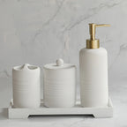 White Crystal Sandstone Beige Gray Sandstone Featured Bathroom Four-Piece Set Lotion Bottle Toothbrush Holder Swab Box Tray House Of Avana