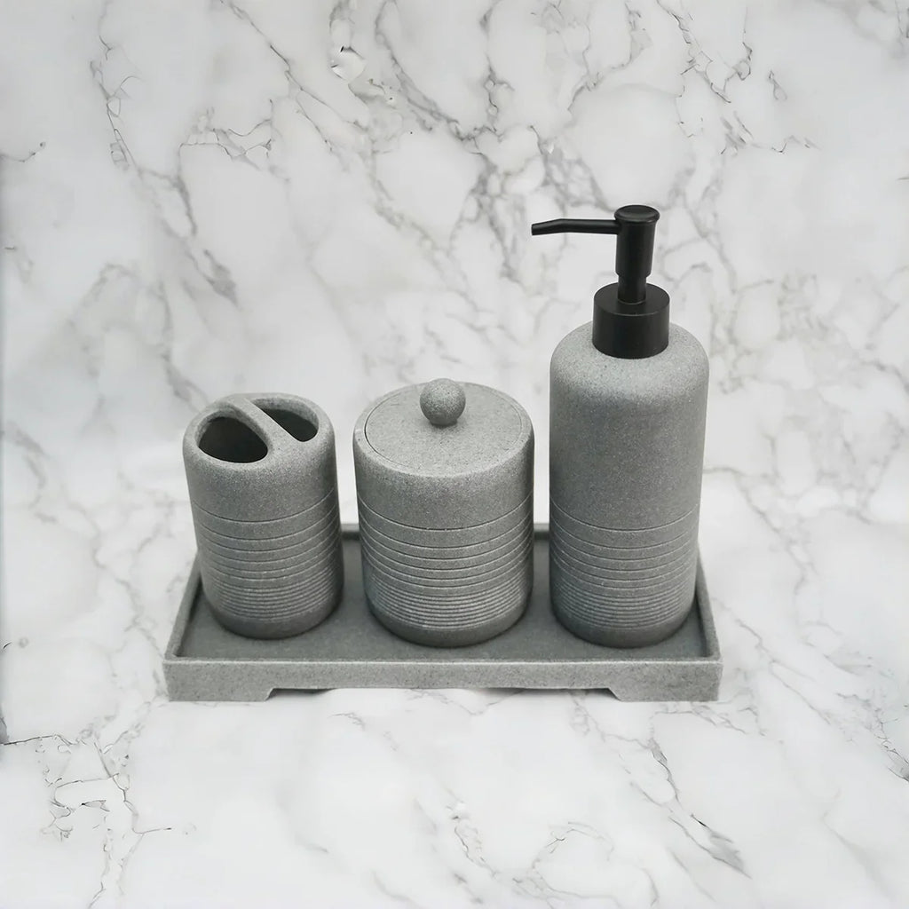 White Crystal Sandstone Beige Gray Sandstone Featured Bathroom Four-Piece Set Lotion Bottle Toothbrush Holder Swab Box Tray House Of Avana
