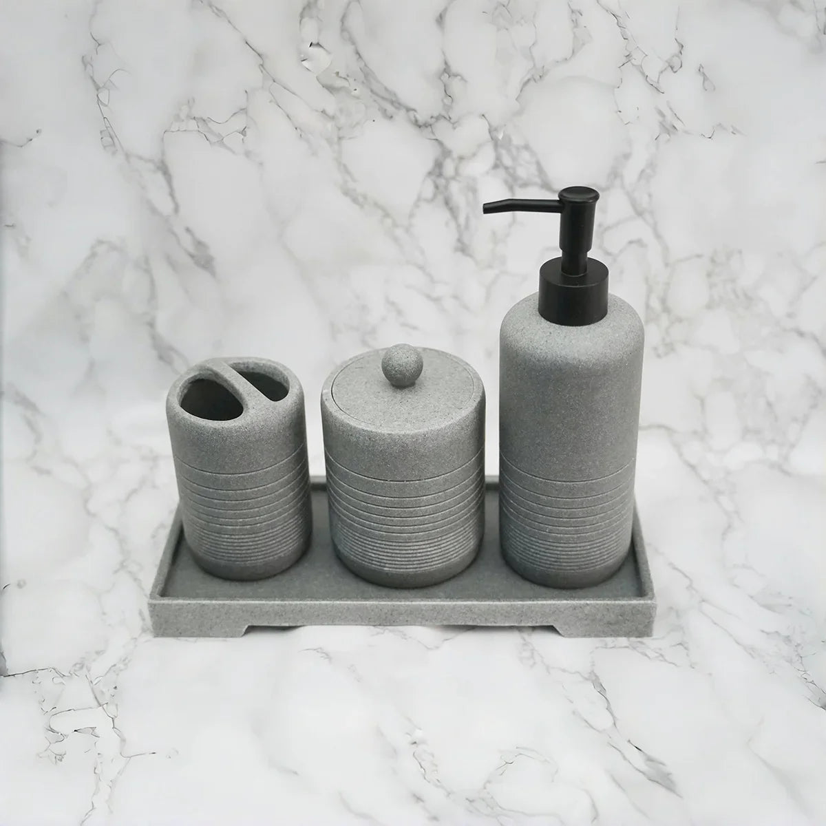 White Crystal Sandstone Beige Gray Sandstone Featured Bathroom Four-Piece Set Lotion Bottle Toothbrush Holder Swab Box Tray House Of Avana