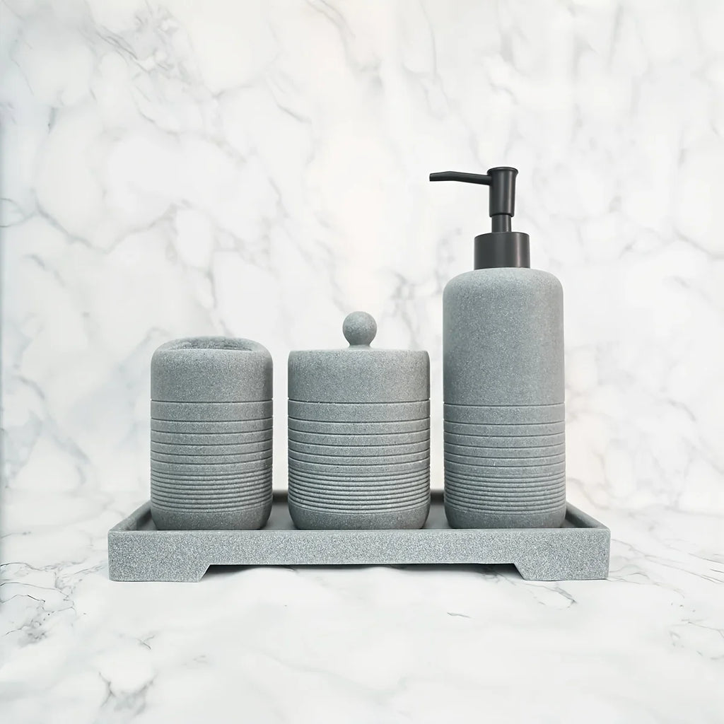 White Crystal Sandstone Beige Gray Sandstone Featured Bathroom Four-Piece Set Lotion Bottle Toothbrush Holder Swab Box Tray House Of Avana