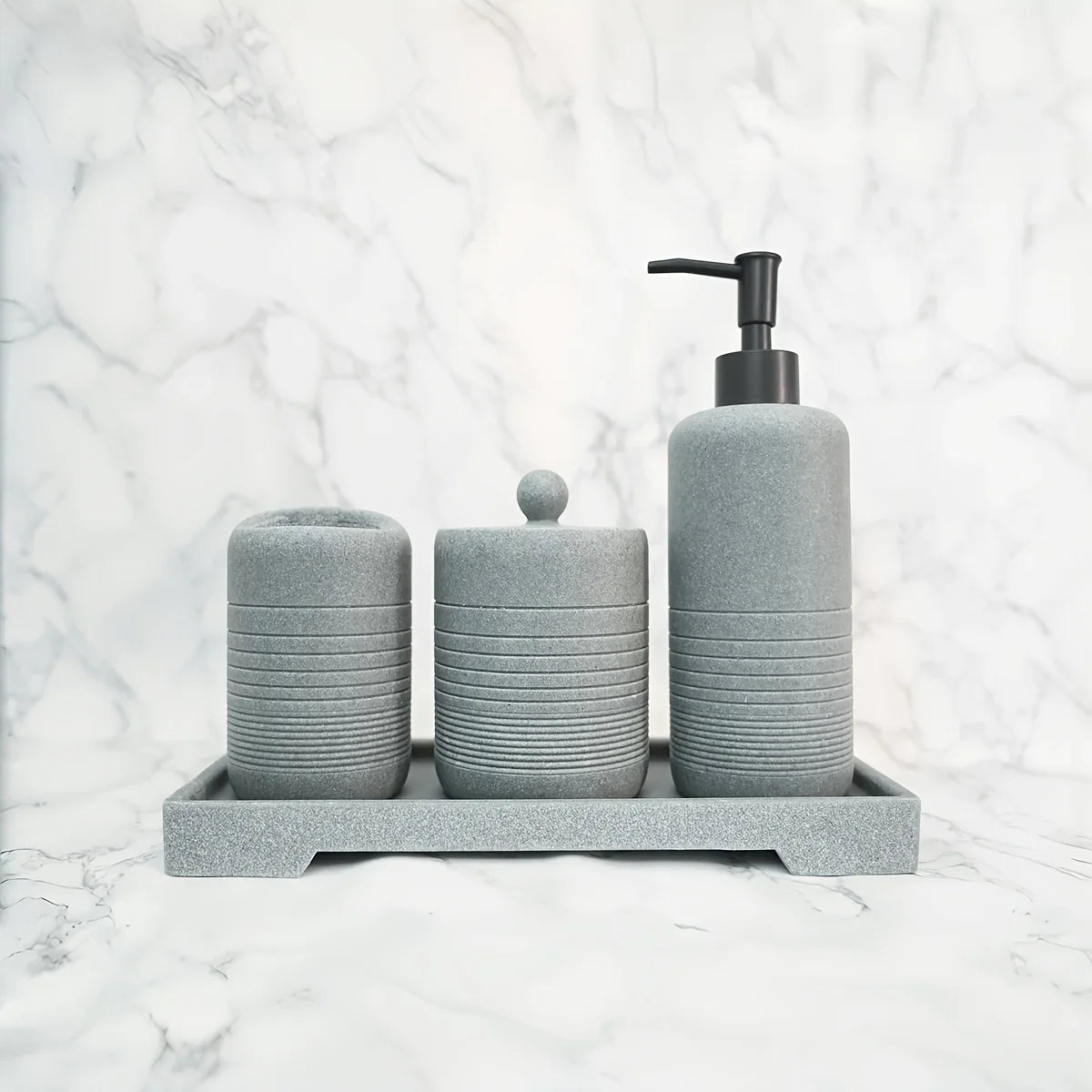White Crystal Sandstone Beige Gray Sandstone Featured Bathroom Four-Piece Set Lotion Bottle Toothbrush Holder Swab Box Tray House Of Avana