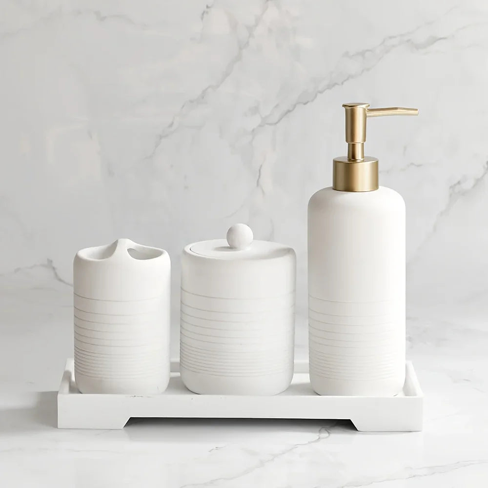 White Crystal Sandstone Beige Gray Sandstone Featured Bathroom Four-Piece Set Lotion Bottle Toothbrush Holder Swab Box Tray House Of Avana