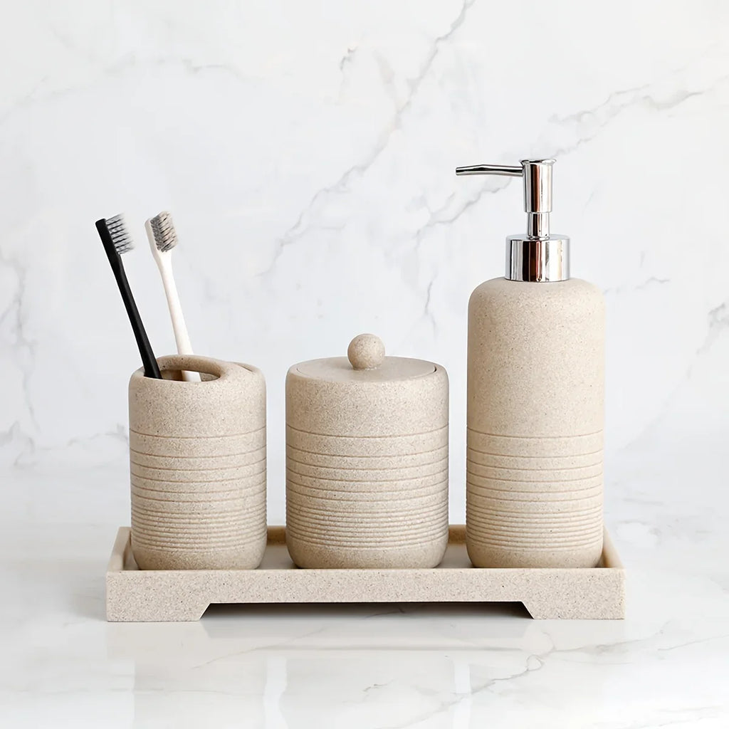White Crystal Sandstone Beige Gray Sandstone Featured Bathroom Four-Piece Set Lotion Bottle Toothbrush Holder Swab Box Tray House Of Avana