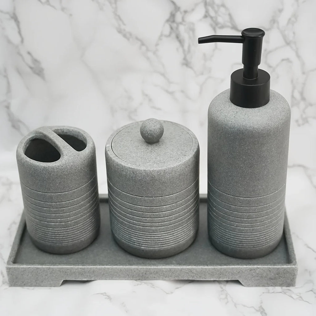 White Crystal Sandstone Beige Gray Sandstone Featured Bathroom Four-Piece Set Lotion Bottle Toothbrush Holder Swab Box Tray House Of Avana