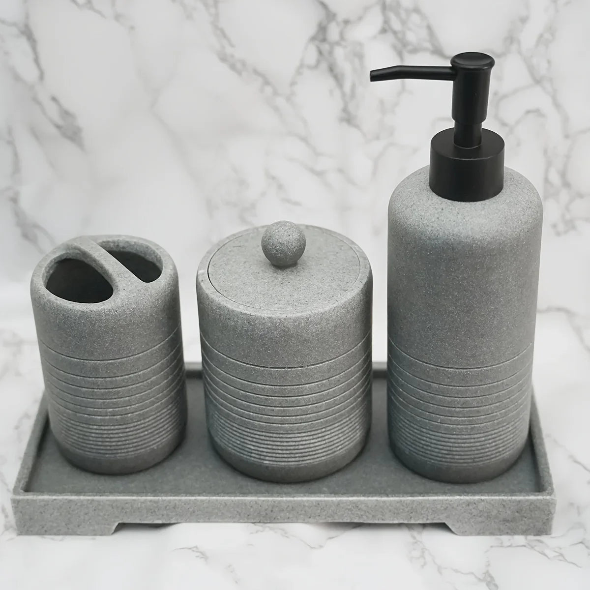 White Crystal Sandstone Beige Gray Sandstone Featured Bathroom Four-Piece Set Lotion Bottle Toothbrush Holder Swab Box Tray House Of Avana