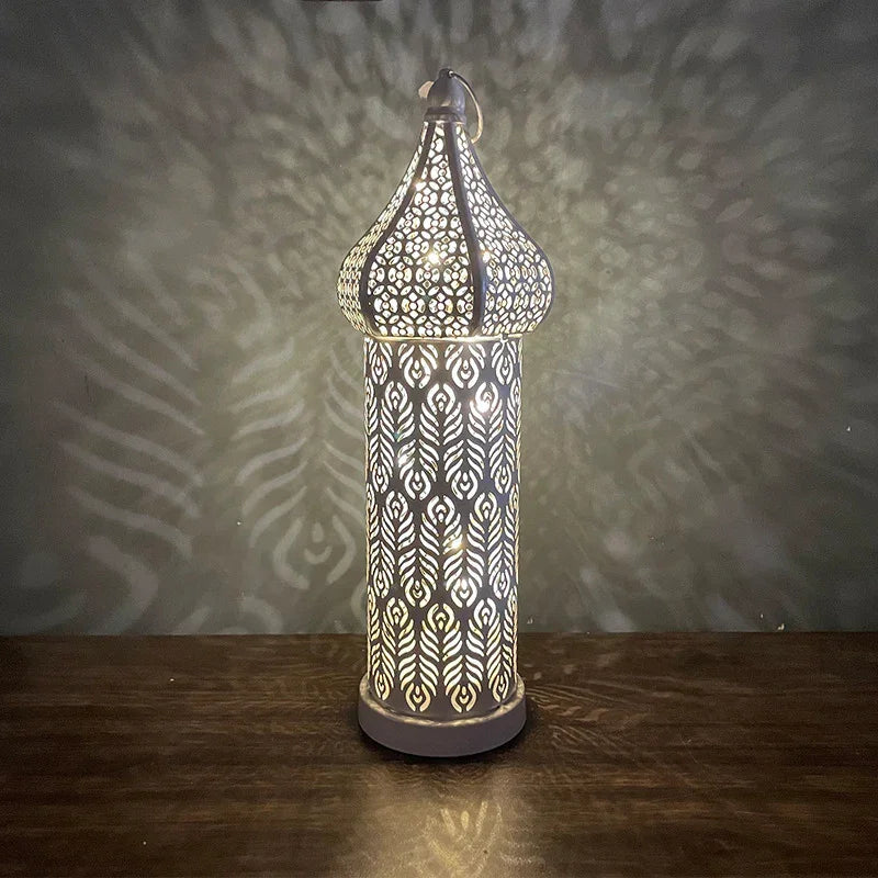 Christmas Decoration Led Illuminated Wind Lantern Iron Art Ornament, New Moroccan White Iron Hollow... - House Of Avana