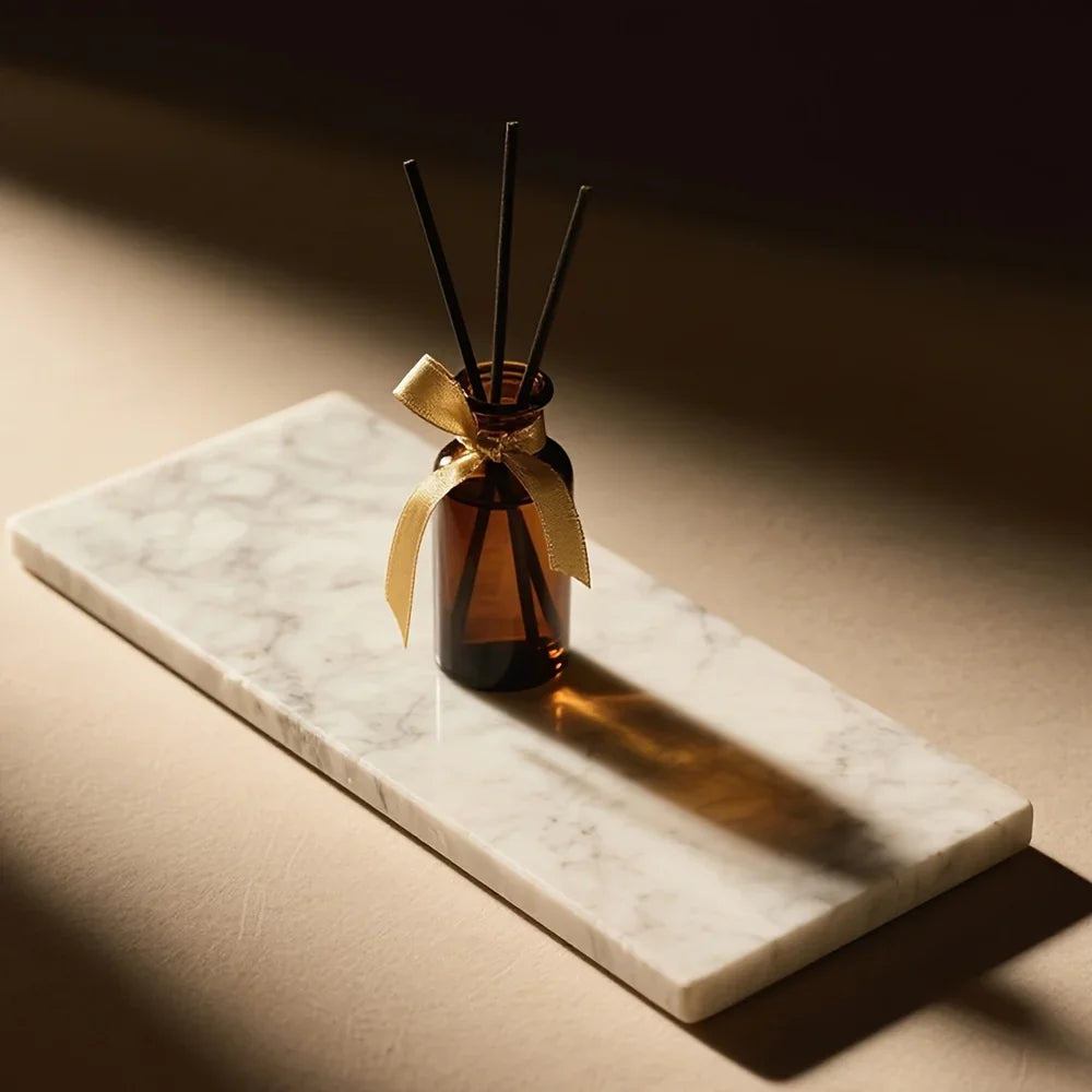 Elegant White Marble Rectangular Tray - Modern Polished Stone Decorative Tray for Vanity, Bathroom,... - House Of Avana