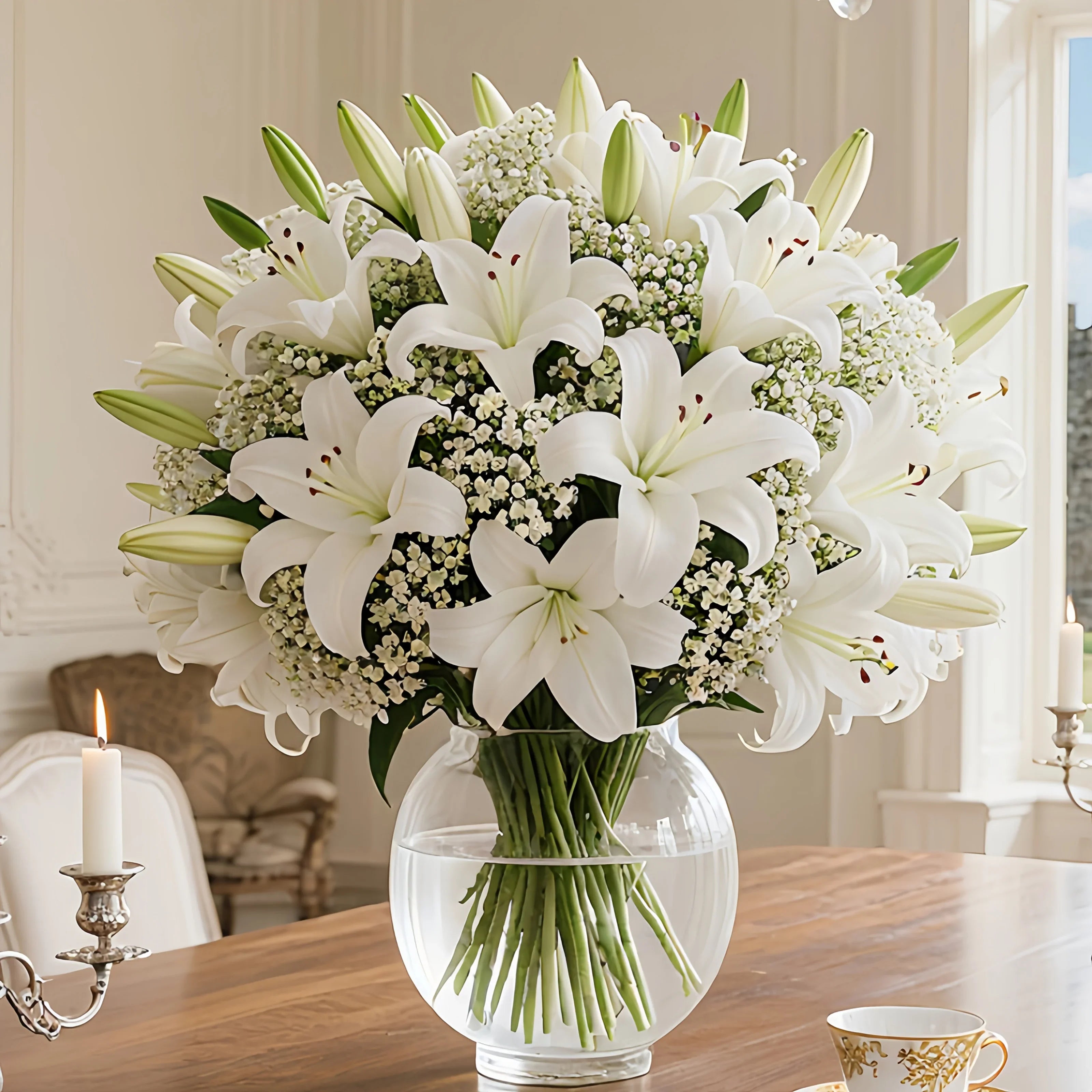 28 Artificial Flower Bouquets - Realistic White Lilies and 's Breath (20 Lilies + 's Breath) - Made of... - House Of Avana