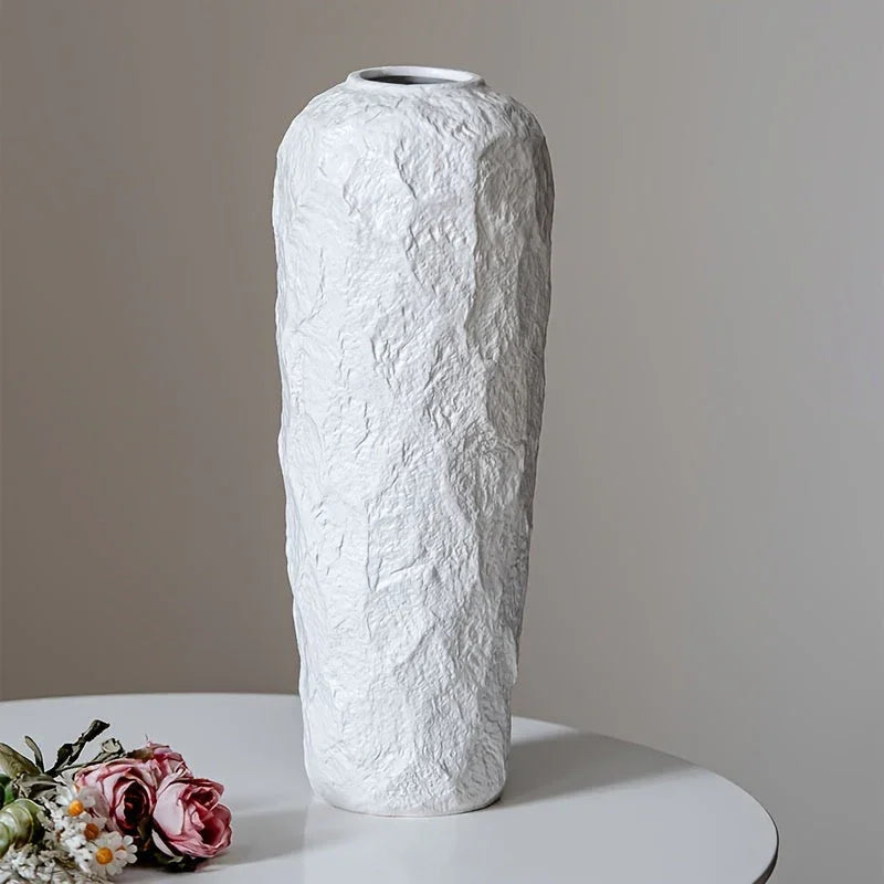 Ceramic Vase with Stone Pattern, White Geometric Floral Design, angled view - House Of Avana