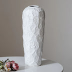 Ceramic Vase with Stone Pattern, White Geometric Floral Design, angled view - House Of Avana
