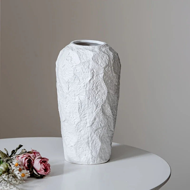 Ceramic Vase with Stone Pattern, White Geometric Floral Design, angled view - House Of Avana