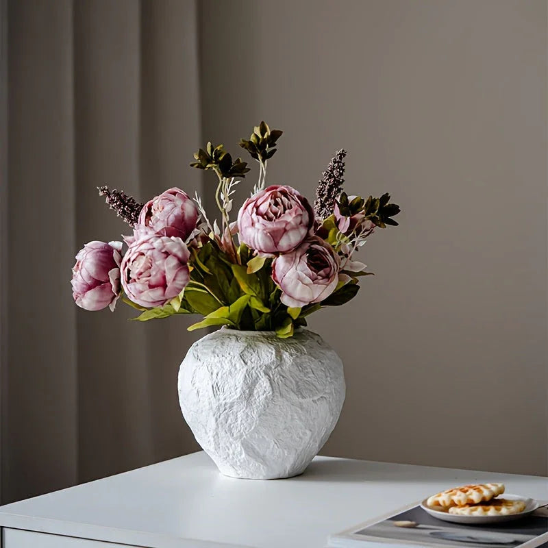 Ceramic Vase with Stone Pattern, White Geometric Floral Design, angled view - House Of Avana