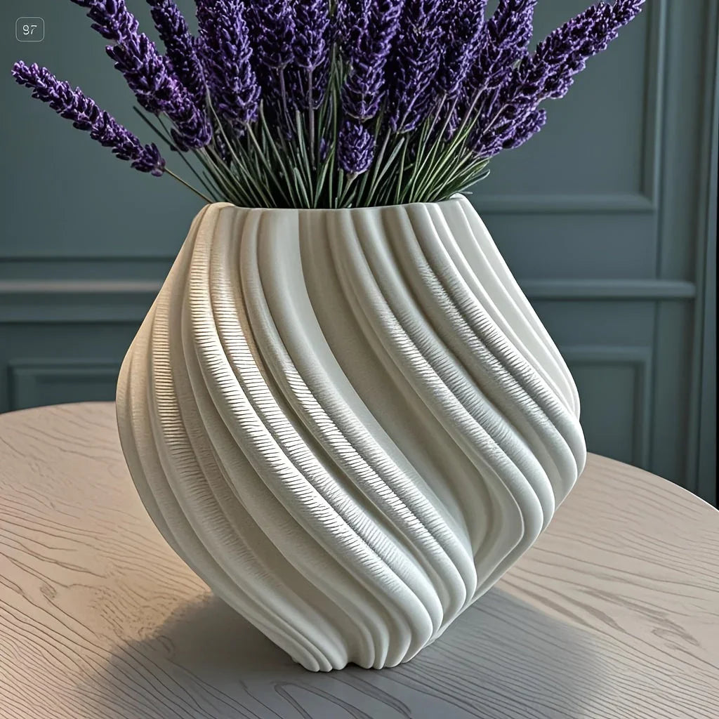 Ceramic Vase with Geometric Ribbed Design, White 3d Printed Decorative Flower Vase, detail shot - House Of Avana