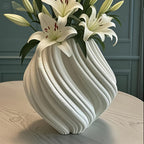 Ceramic Vase with Geometric Ribbed Design, White 3d Printed Decorative Flower Vase, side view - House Of Avana