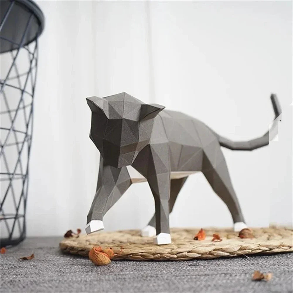 Geometric Cat Sculpture - White 3d Figurine, front view - House Of Avana