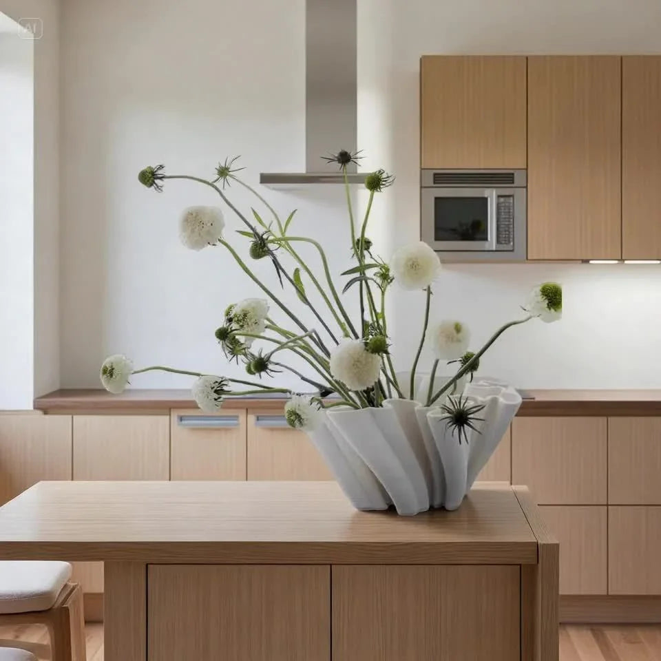 Ceramic 3d Printed Vase with Geometric Design - White, angled view - House Of Avana