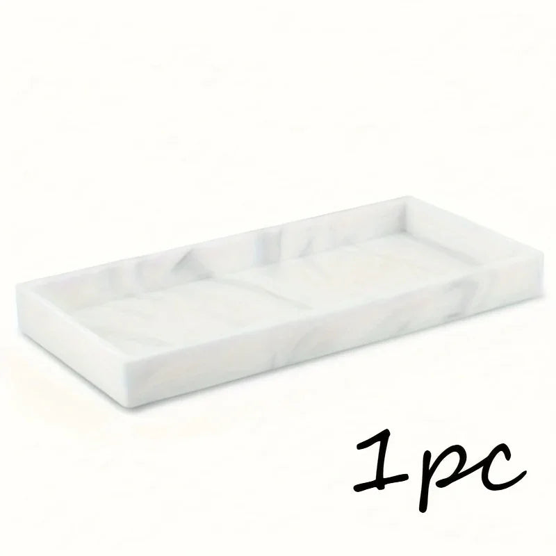 Marble Rectangular Decorative Tray - Elegant White & Golden Bathroom Vanity Organizer with Multiple... - House Of Avana