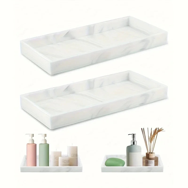 Marble Rectangular Decorative Tray - Elegant White & Golden Bathroom Vanity Organizer with Multiple... - House Of Avana