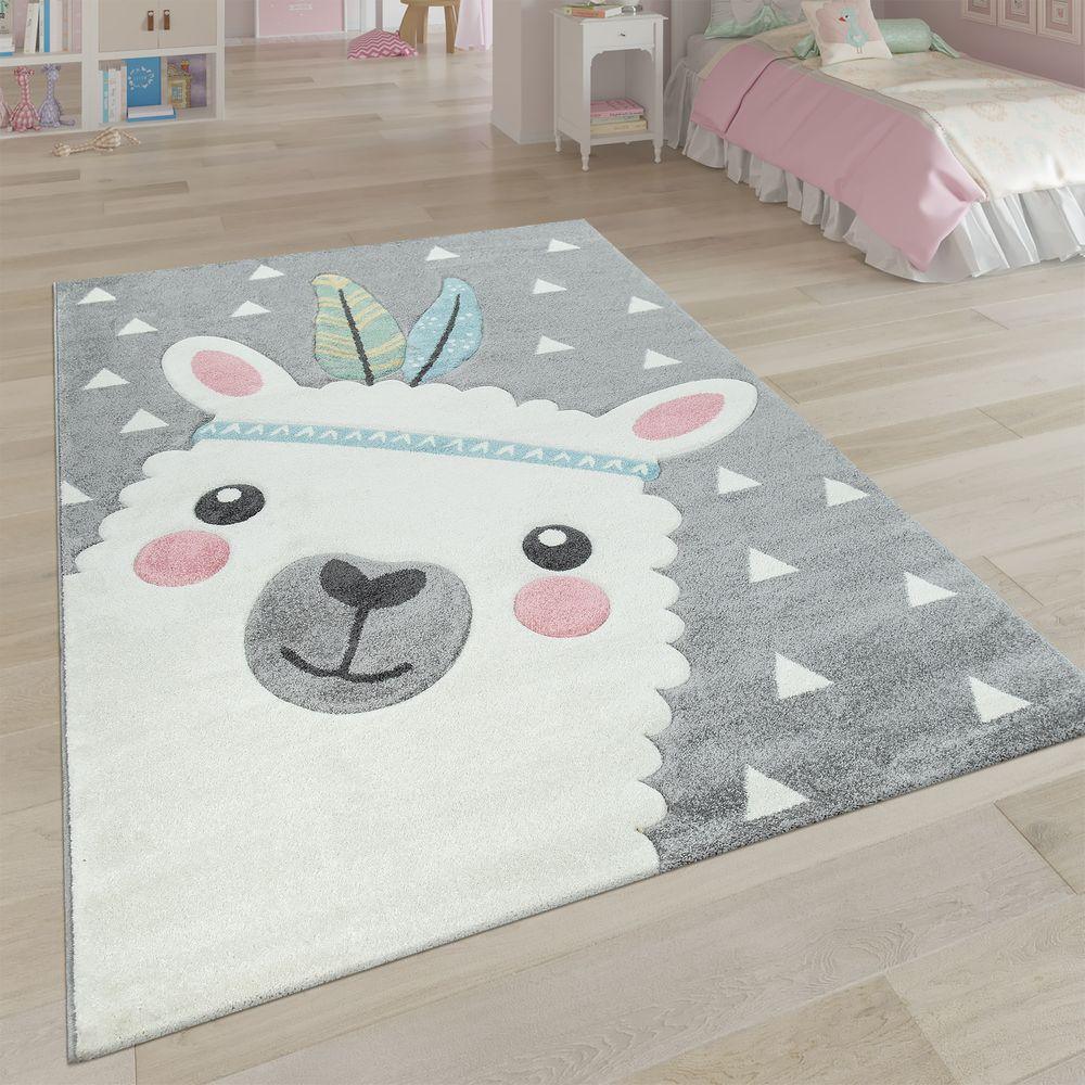 Kids Rug Nursery Cute Alpaca 3d White Grey Pastel, front view - House Of Avana