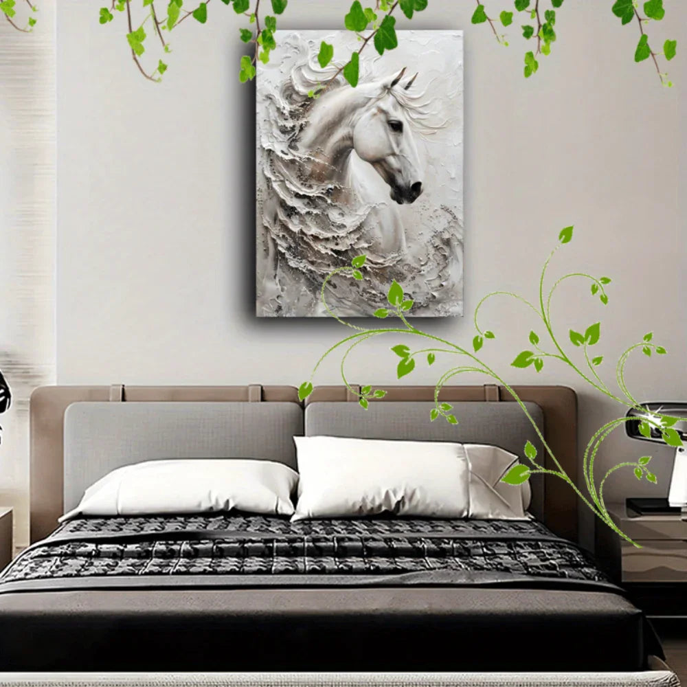 Large White Horse Framed Canvas - House Of Avana