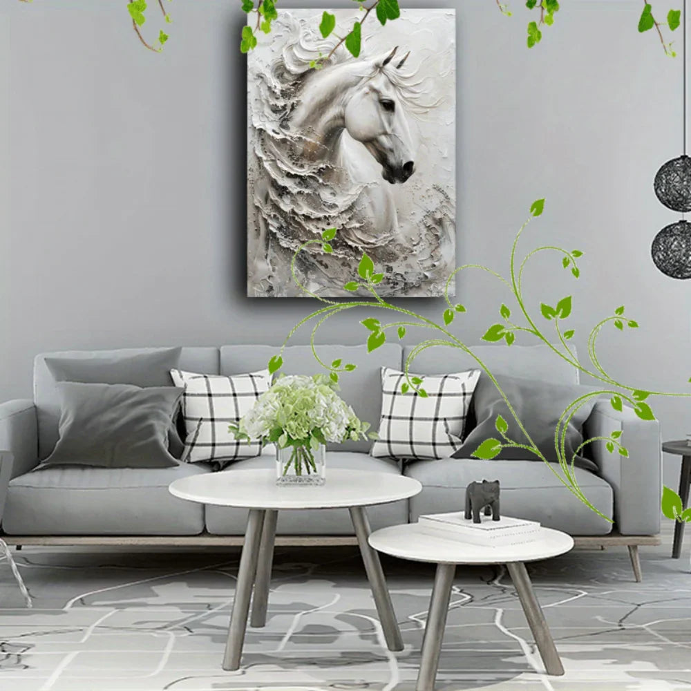 Large White Horse Framed Canvas - House Of Avana