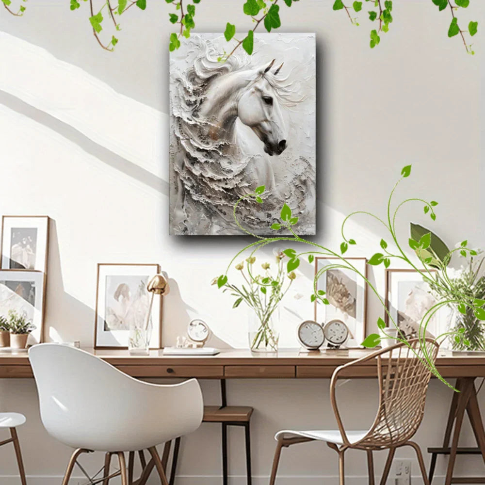 Large White Horse Framed Canvas - House Of Avana
