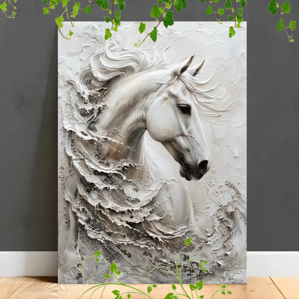 Large White Horse Framed Canvas - House Of Avana