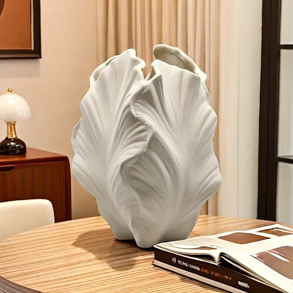 Ceramic White Oval Vase with Textured Leaf Design, back view - House Of Avana