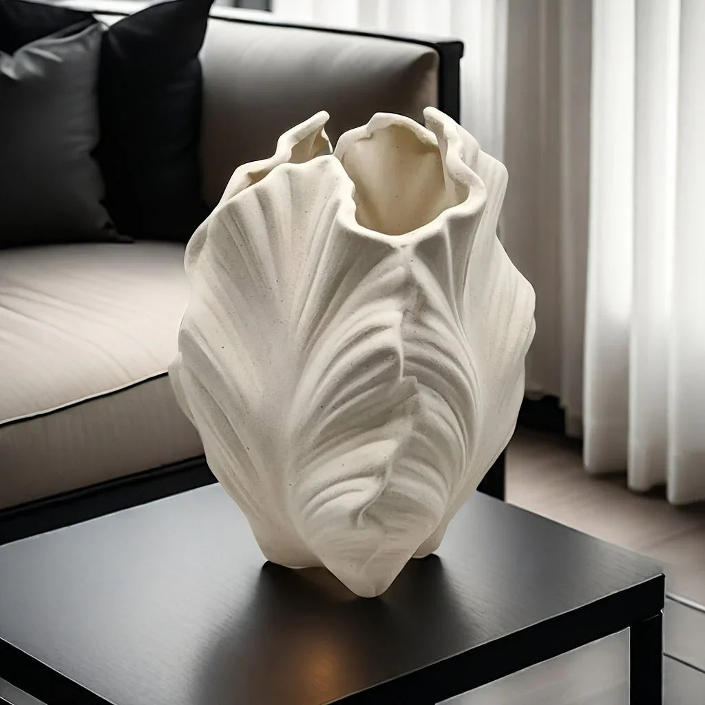 Ceramic White Oval Vase with Textured Leaf Design, top view - House Of Avana