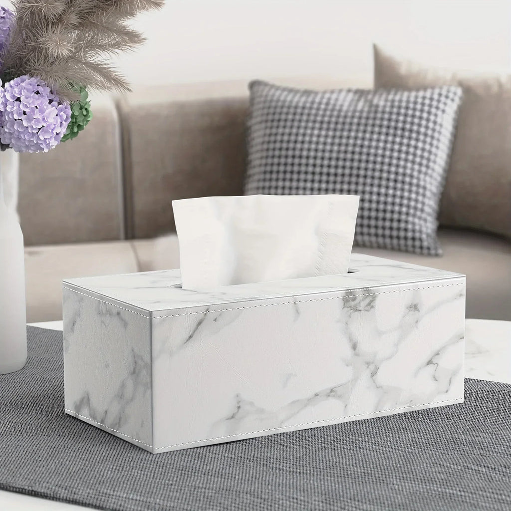 Tissue Box - Marble White Rectangular, angled view - House Of Avana