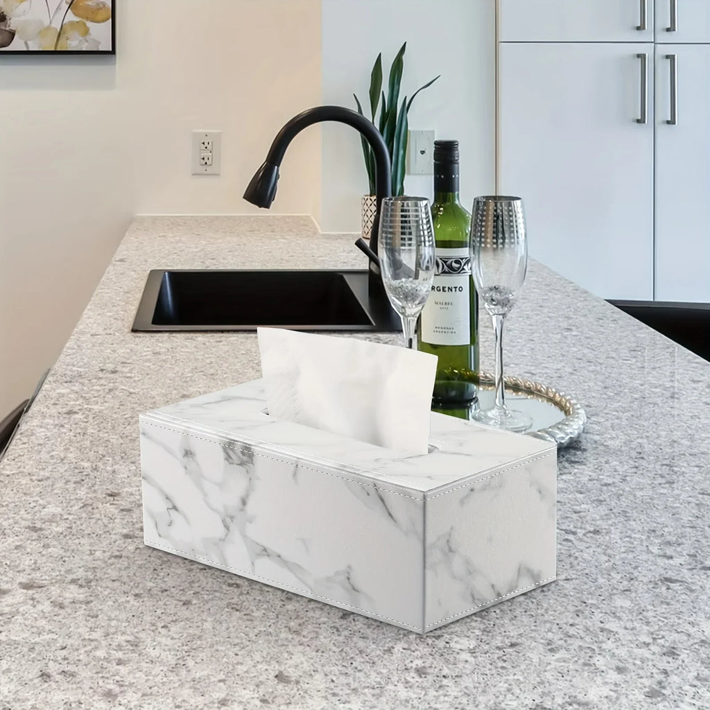 Tissue Box - Marble White Rectangular, back view - House Of Avana
