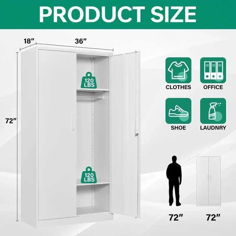 White Metal Locking Wardrobe Armoire Cabinet with Clothing Hanging Rod