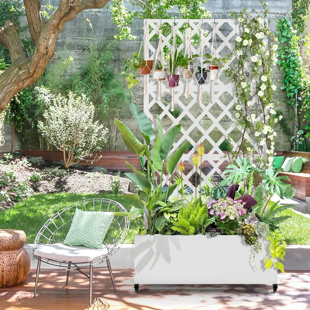 White Metal Outdoor Raised Garden Bed Planter Box with Trellis on Wheels