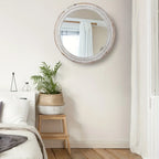 24 Round Farmhouse Circle Mirror with White Wash Beads - Rustic Distressed Wooden Frame, Decorative Wall... - House Of Avana