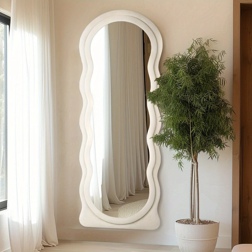 Oversized 160.02cm X 60.96cm Wavy Full-length Floor Mirror with Stand - Irregular Wave Design, White... - House Of Avana