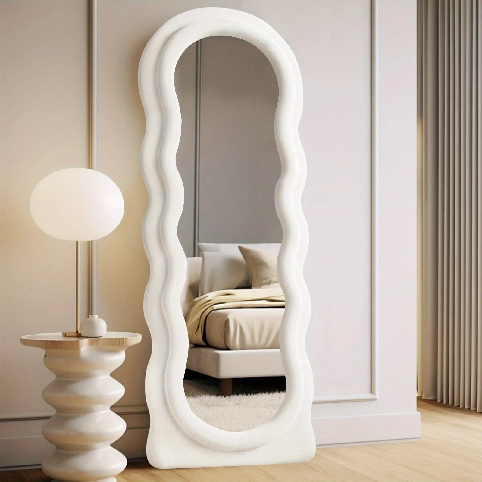 Oversized 160.02cm X 60.96cm Wavy Full-length Floor Mirror with Stand - Irregular Wave Design, White... - House Of Avana