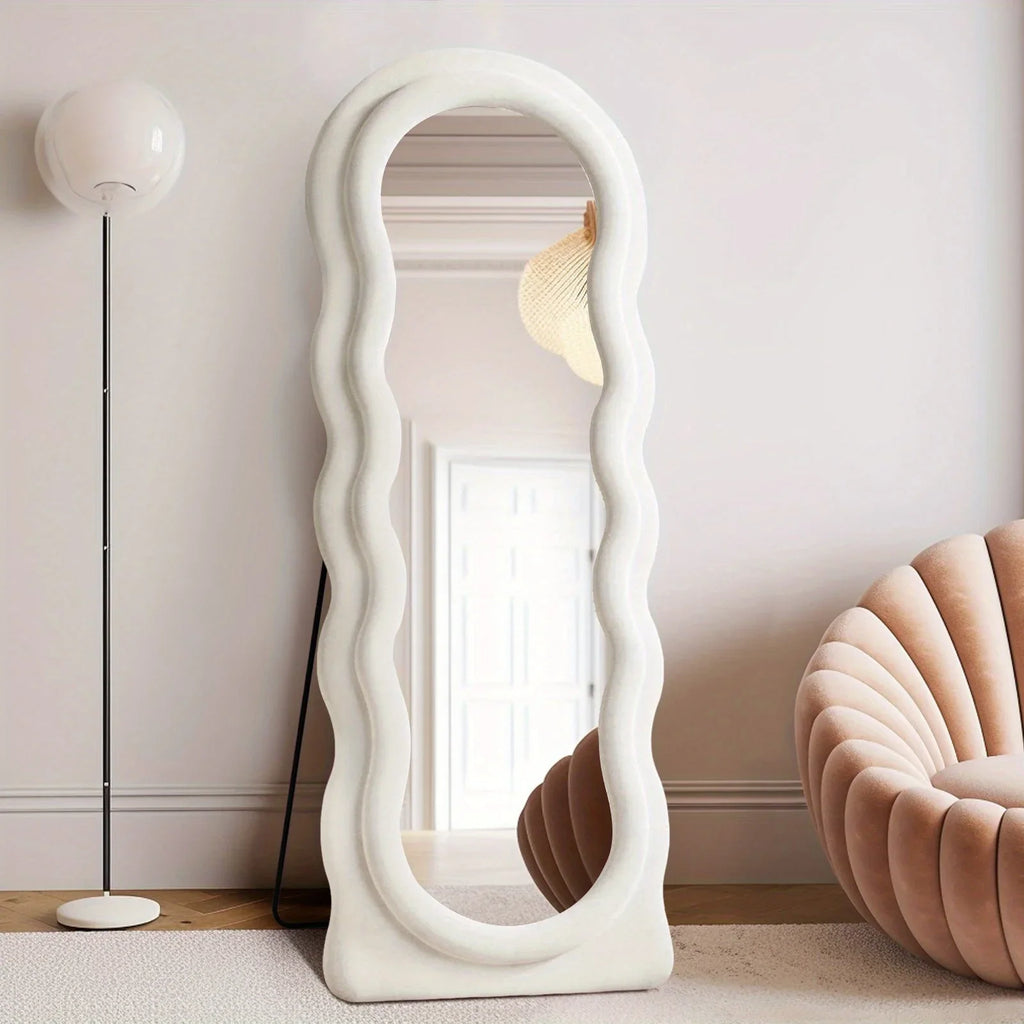 Oversized 160.02cm X 60.96cm Wavy Full-length Floor Mirror with Stand - Irregular Wave Design, White... - House Of Avana